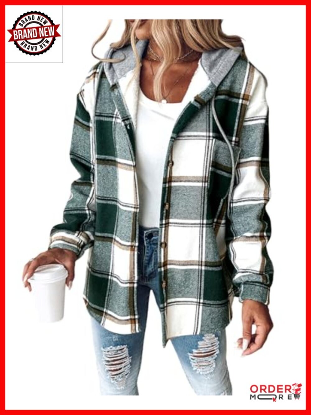 Plaid Hooded Fleece Lined Shacket Button Down Casual Jacket